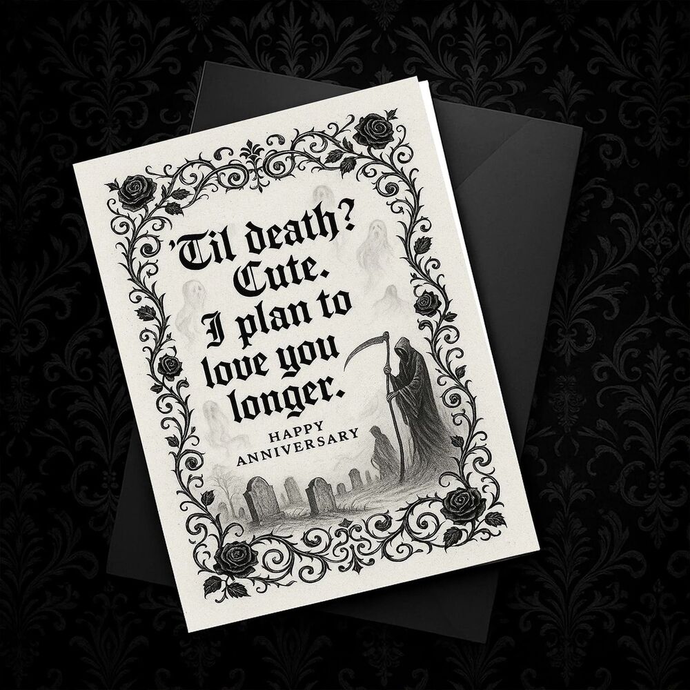 Goth Anniversary Card, Grim Reaper Til Death Cute Card, Black Envelope included